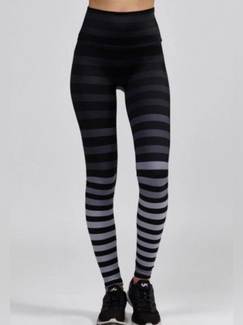 K-Deer Signature Striped Leggings Full Length Tights Gym Workout Black Medium